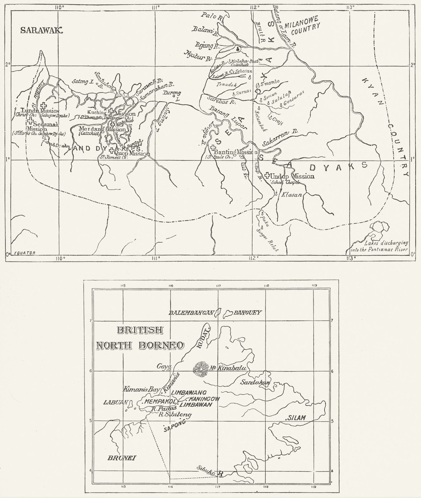 BORNEO ANGLICAN CHURCH MISSIONS. Sarawak Sabah Protestant. Malaysia 1897 map