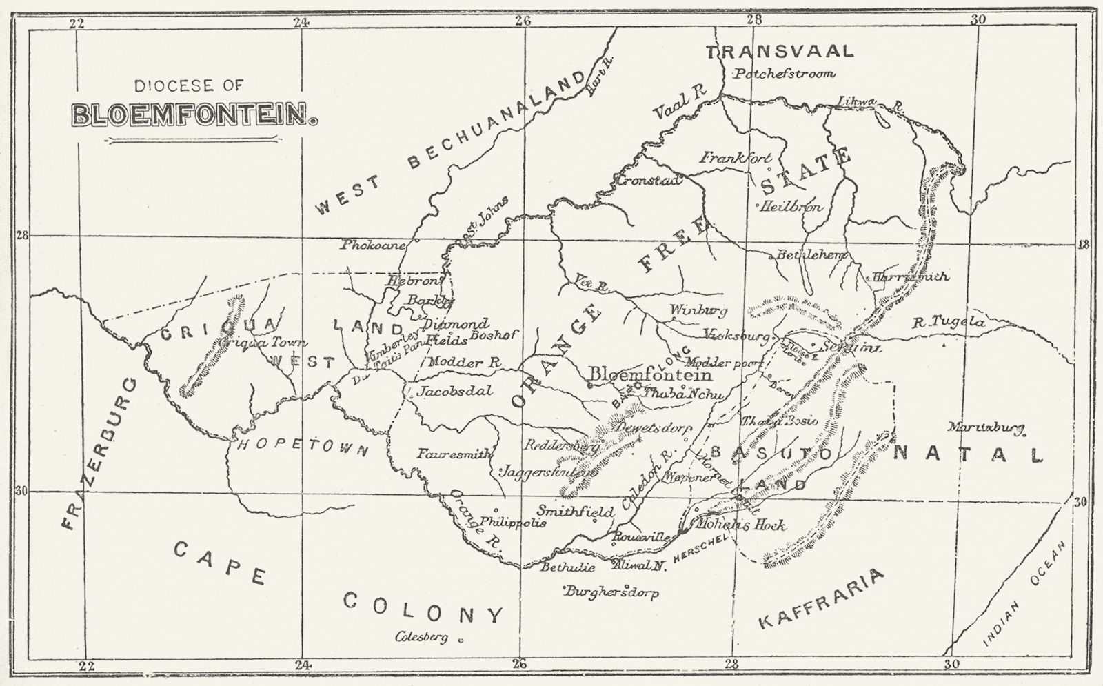 ANGLICAN DIOCESE OF BLOEMFONTEIN. Showing towns. SOUTH AFRICA 1897 old map