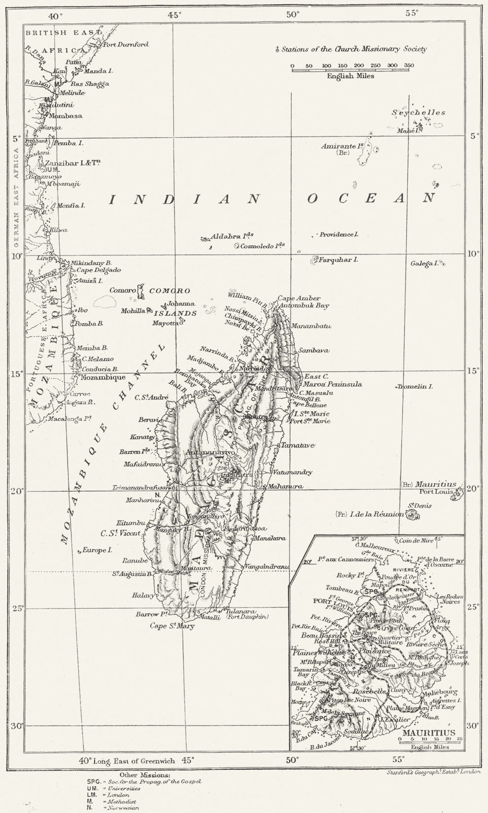 EAST AFRICA CHRISTIAN MISSIONS. Mauritius Madagascar Tanzania Church 1897 map