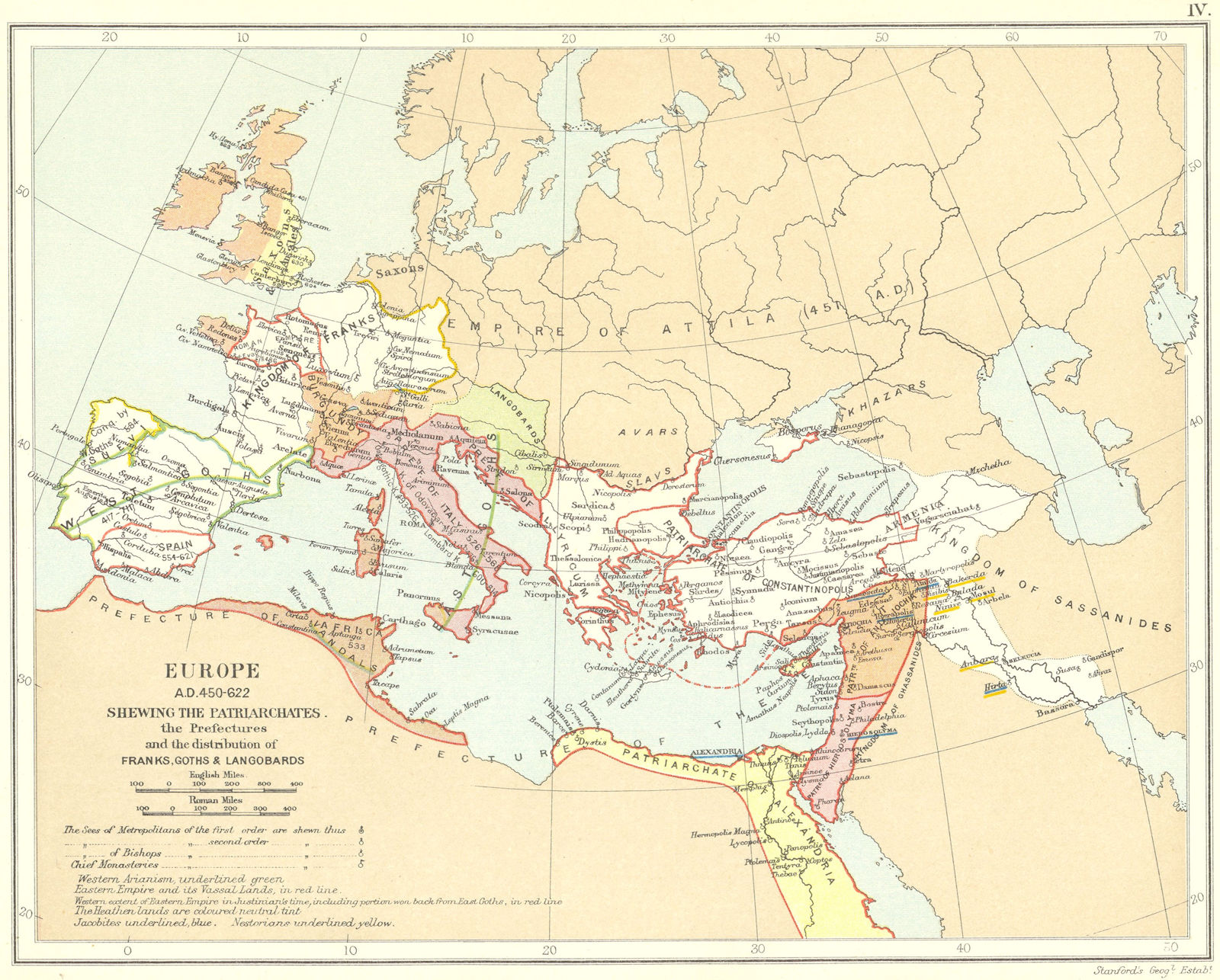 Associate Product RELIGIOUS EUROPE 450-622AD.Patriarchates Sees.Franks Goths Langobards 1897 map