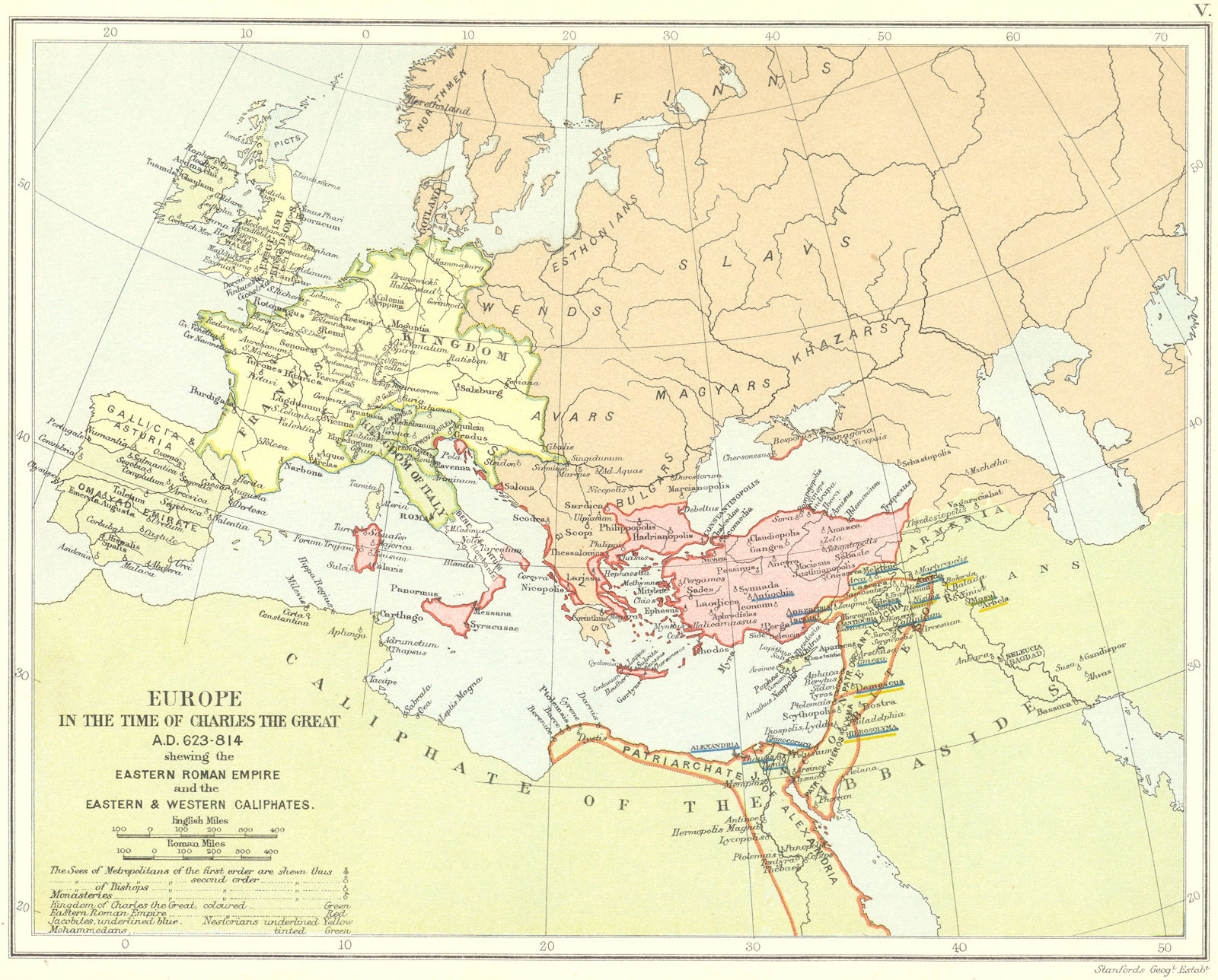 EUROPE 623-814AD. Frankish Empire. Eastern Roman Empire. Caliphates 1897 map