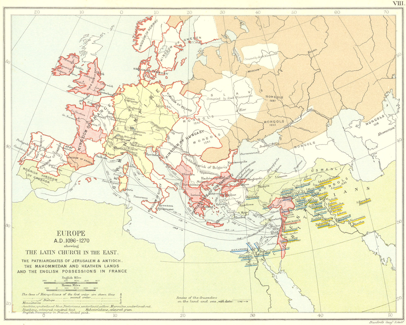 RELIGIOUS EUROPE 1096-1270. Latin Church Patriarchates Monasteries 1897 map