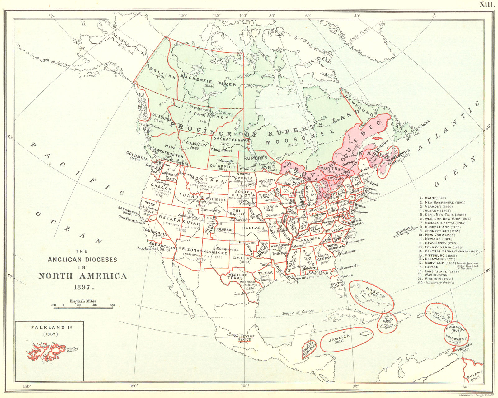 ANGLICAN DIOCESES IN NORTH AMERICA. Canada United States West Indies 1897 map