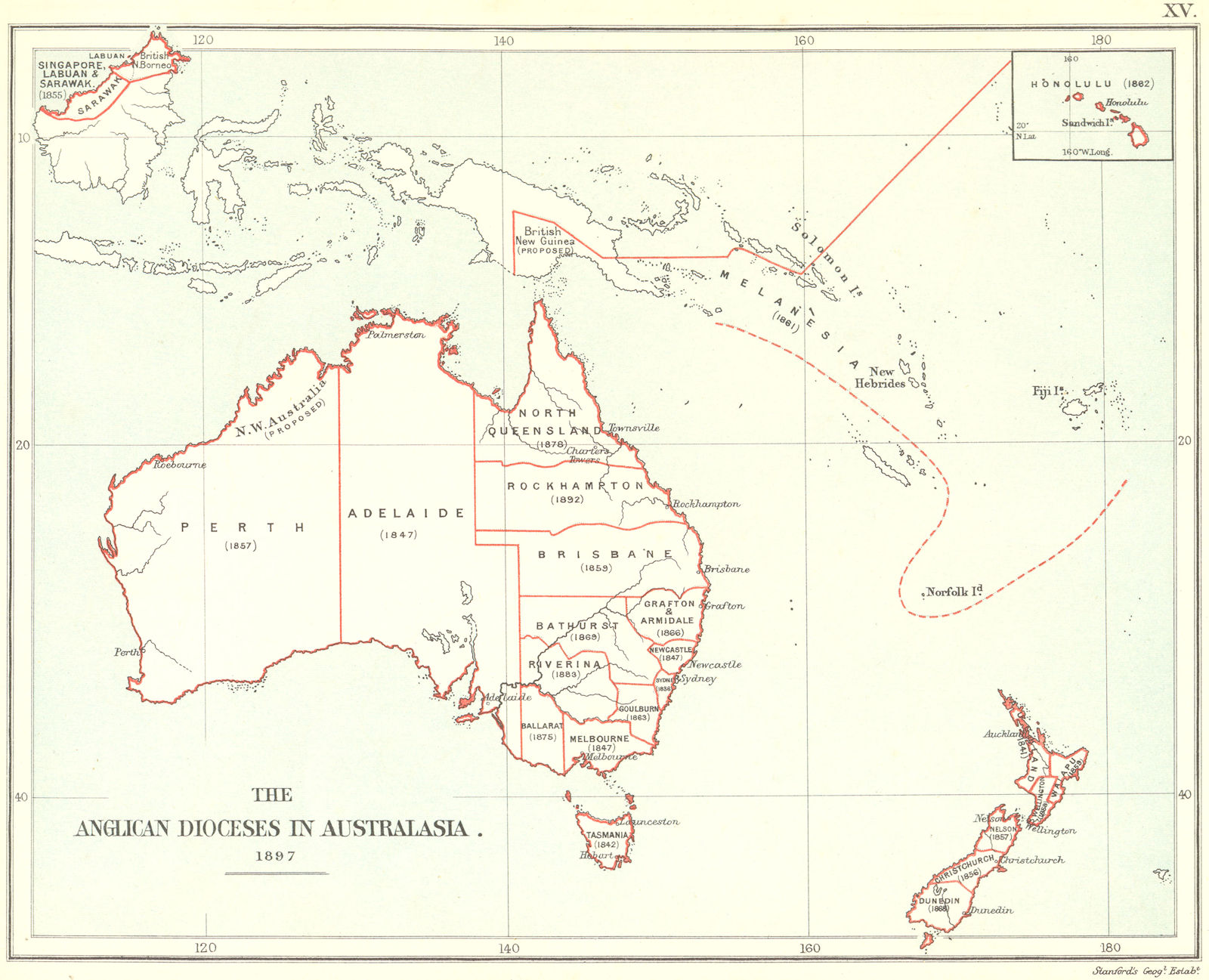ANGLICAN CHURCH DIOCESES IN AUSTRALASIA. Australia New Zealand Hawaii 1897 map