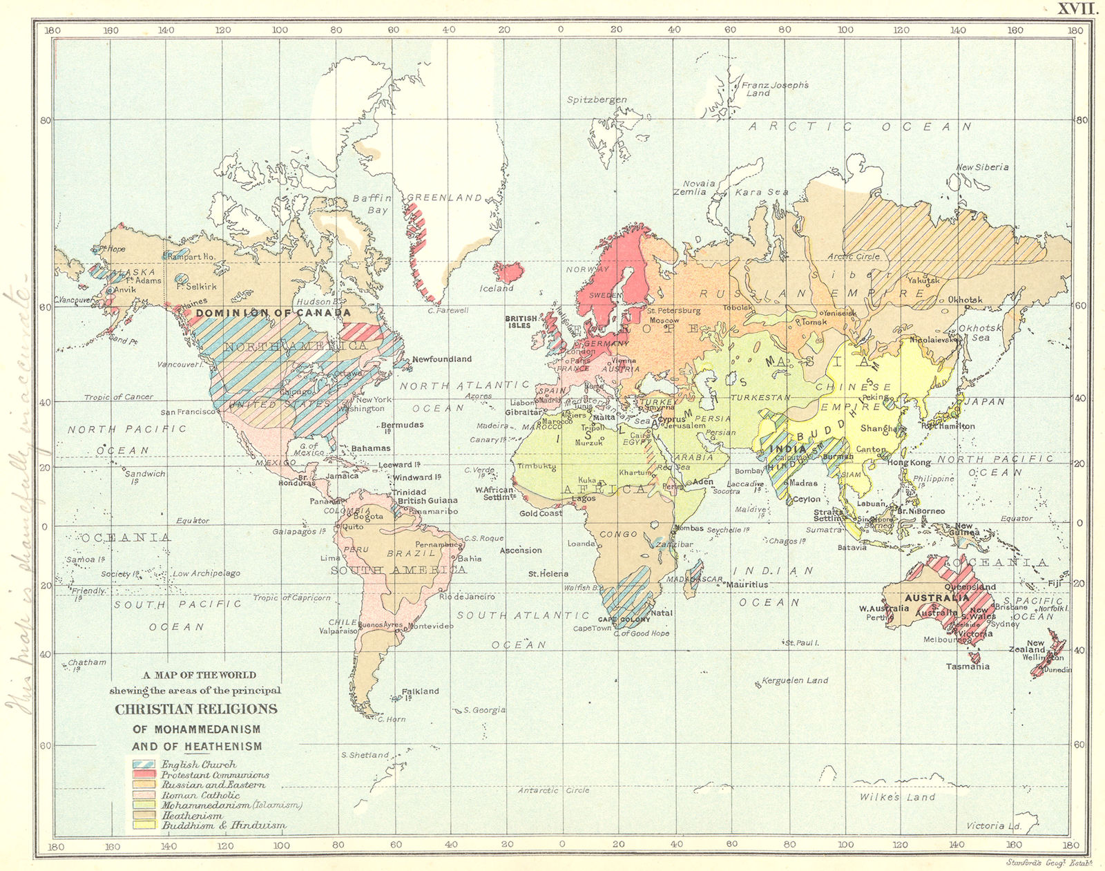 WORLD RELIGIONS. Anglican Protestant Catholic Buddhism Islam Heathen 1897 map