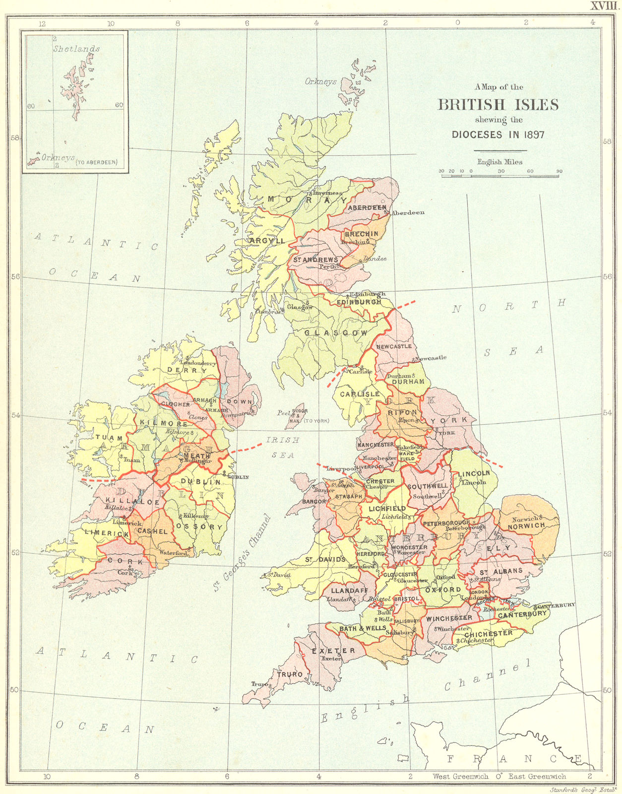BRITISH ISLES DIOCESES IN 1897. Anglican Church Ecclesiastical. UK 1897 map