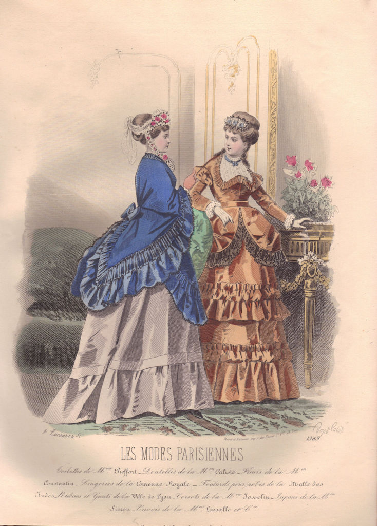 FASHION. Elegant Parisian ladies. blue. brown 1869 old antique print picture