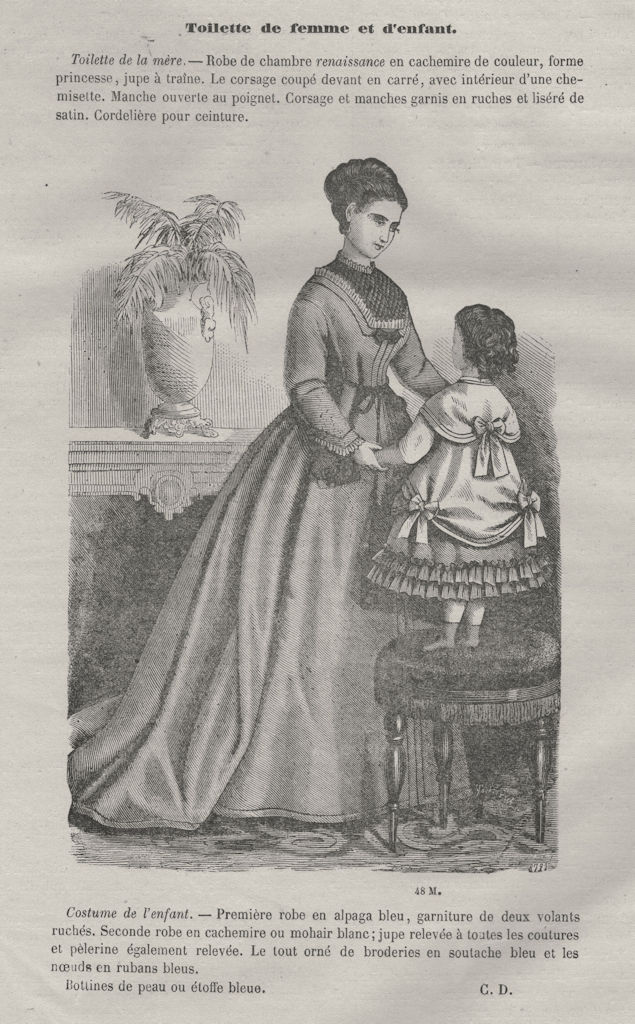 FAMILY. Elegant Parisian mother and daughter 1869 old antique print picture