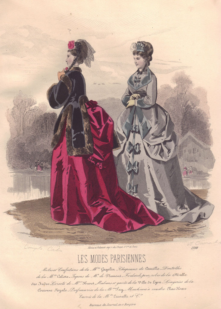 FASHION. Elegant Parisian ladies. scarlet. grey 1869 old antique print picture