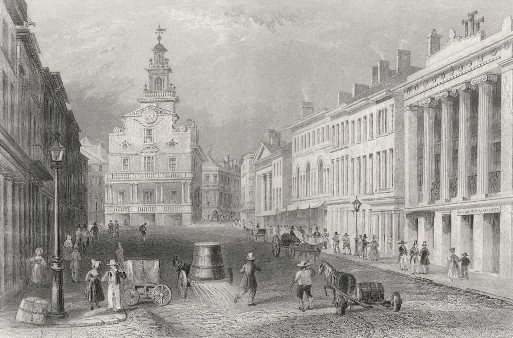 State Street, Boston, Massachusetts. WH BARTLETT 1840 old antique print