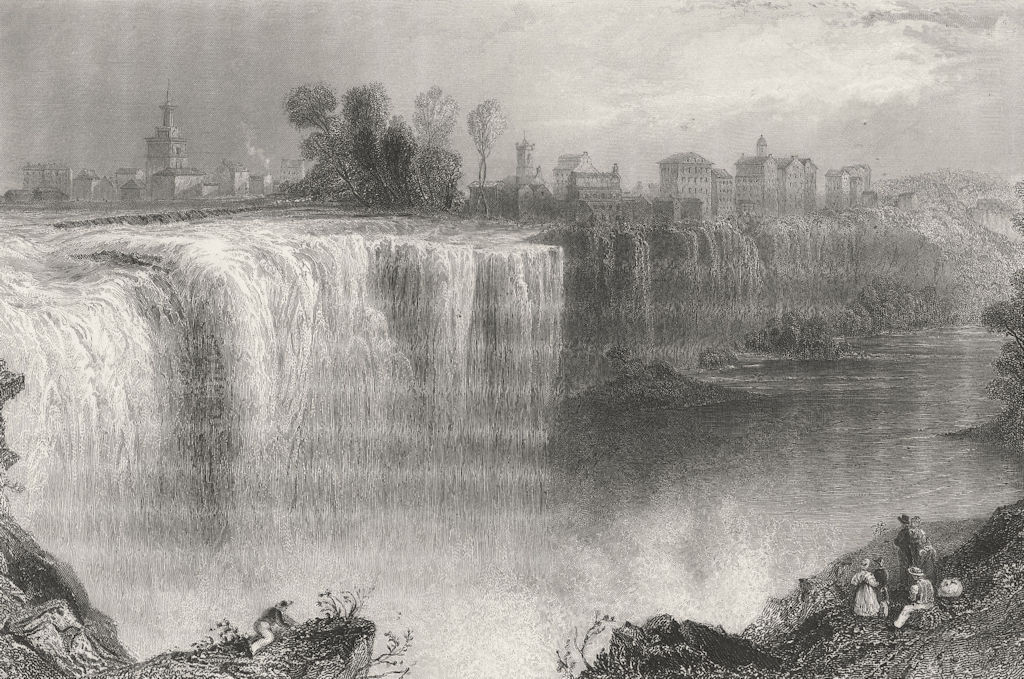 The Genesee Falls, Rochester, New York. WH BARTLETT 1840 old antique print