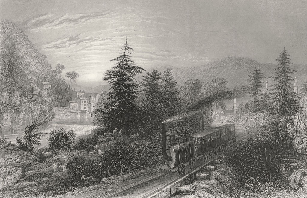 Associate Product Rail-road Scene, Little Falls, Valley of the Mohawk, New York. WH BARTLETT 1840