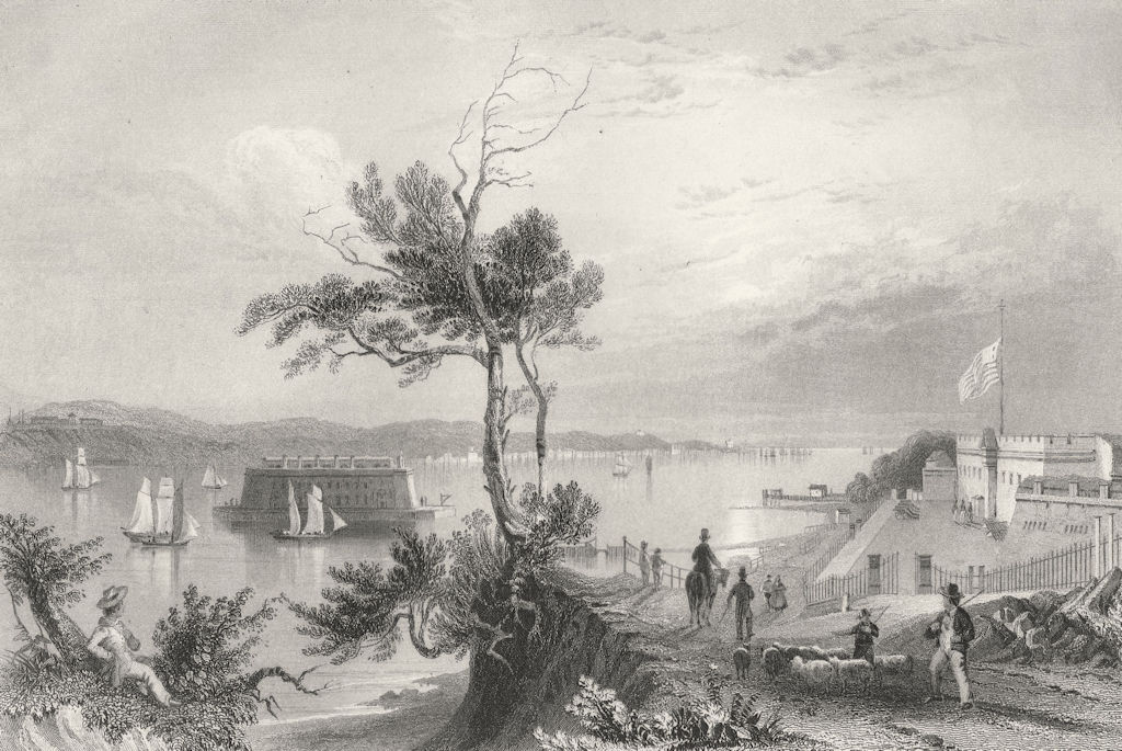The Narrows (from Fort Hamilton), New York. WH BARTLETT 1840 old antique print
