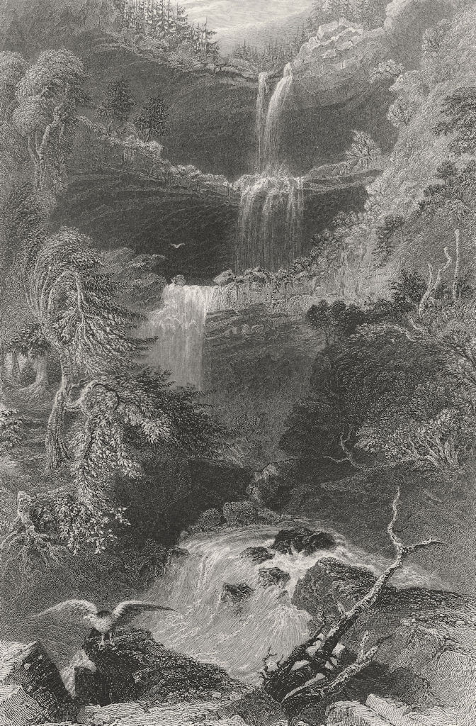 The Catterskill Falls (from below), New York. WH BARTLETT 1840 old print