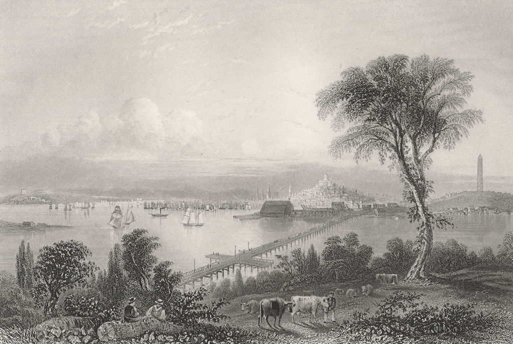Boston, and Bunker Hill, Massachusetts. WH BARTLETT 1840 old antique print