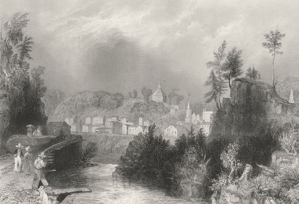 Village of Little Falls (Mohawk River), New York. WH BARTLETT 1840 old print