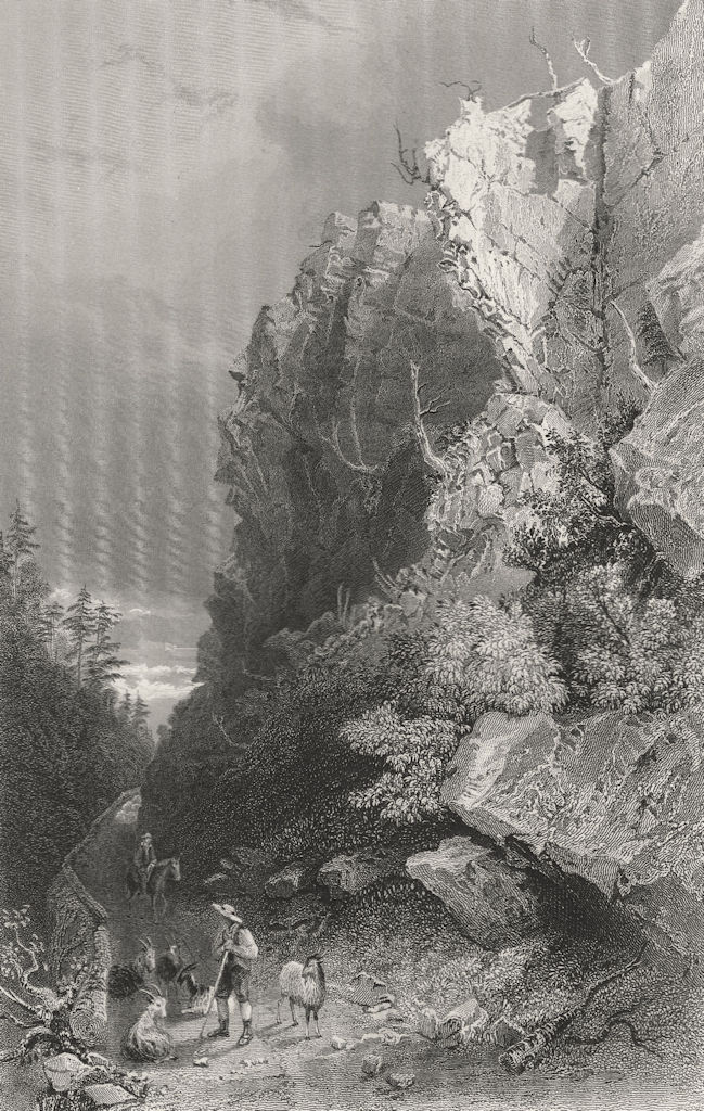 Pulpit Rock, White Mountains, New Hampshire. WH BARTLETT 1840 old print