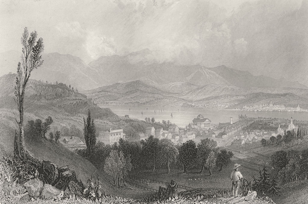 Associate Product View of Hudson City, and the Catskill Mountains, New York. WH BARTLETT 1840