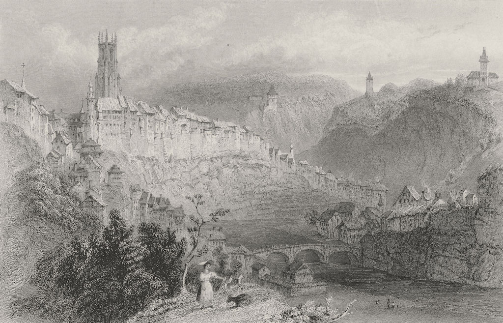 SWITZERLAND. View of the town of Freiburg /Fribourg. BARTLETT 1836 old print