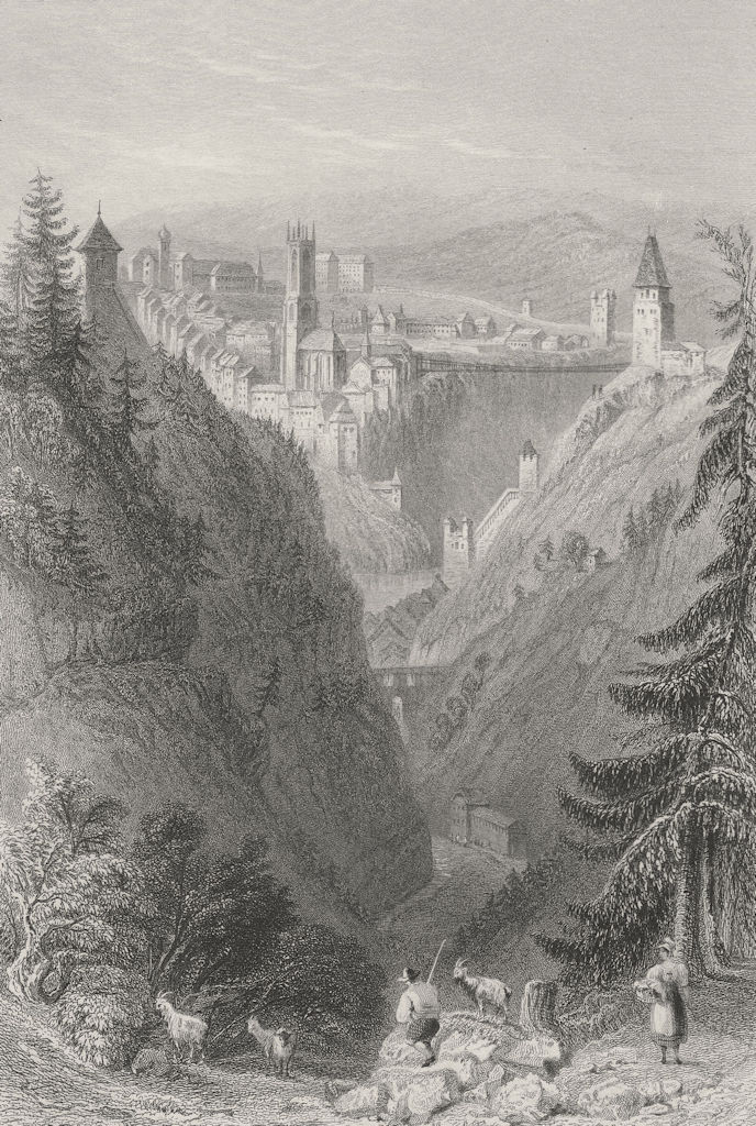 SWITZERLAND. Defile of Getteron & Suspension Bridge, near Freyburg.BARTLETT 1836