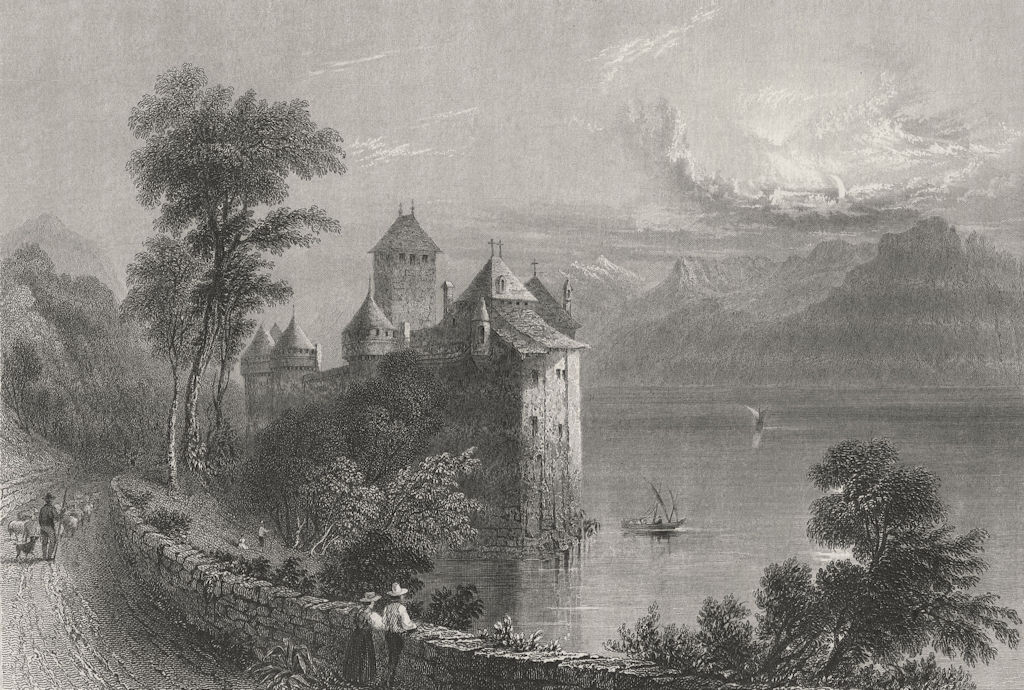 SWITZERLAND. Castle of Chillon (Moonlight). BARTLETT 1836 old antique print