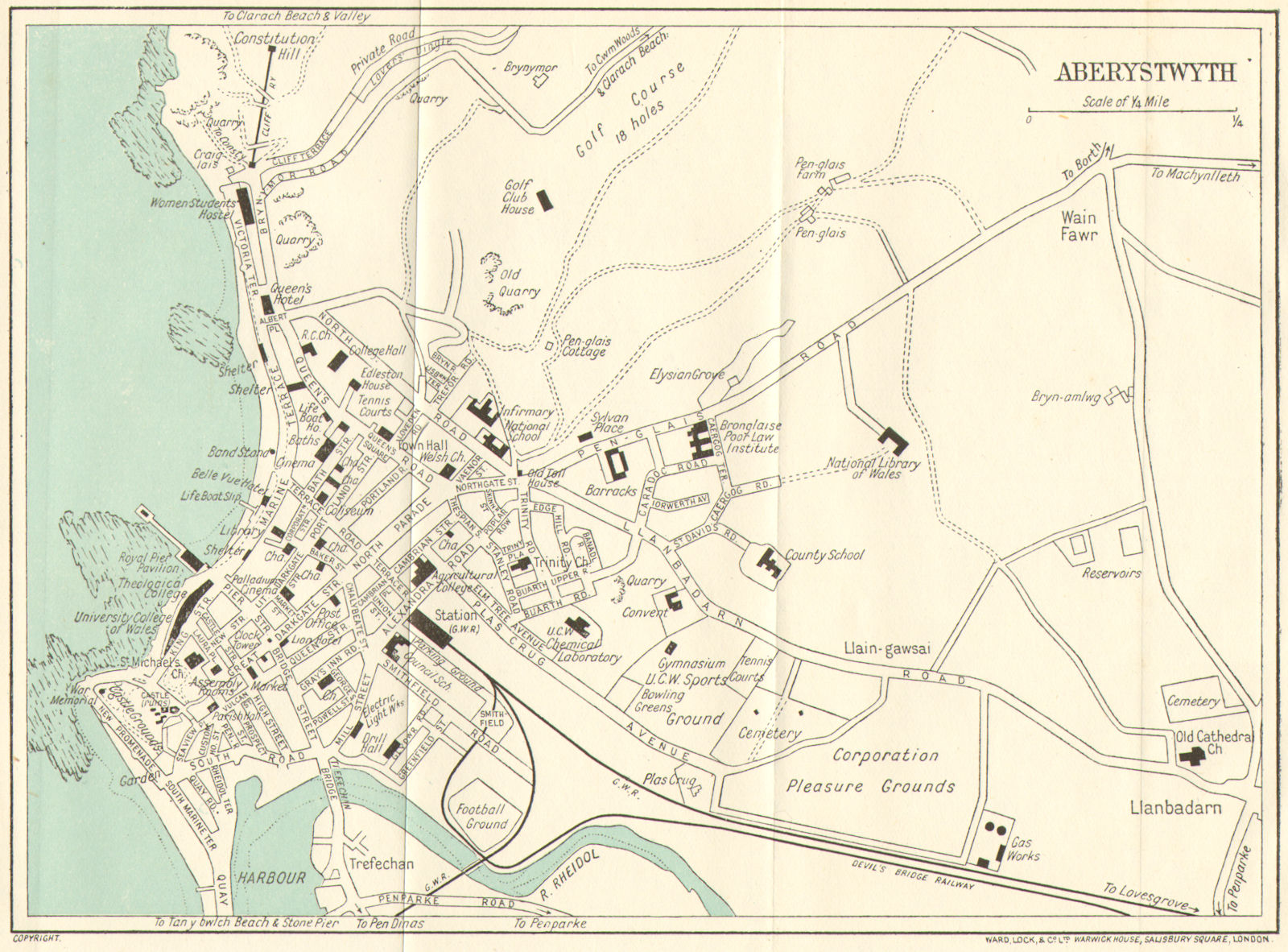 Associate Product ABERYSTWYTH vintage town/city plan. Wales. WARD LOCK c1928 old vintage map