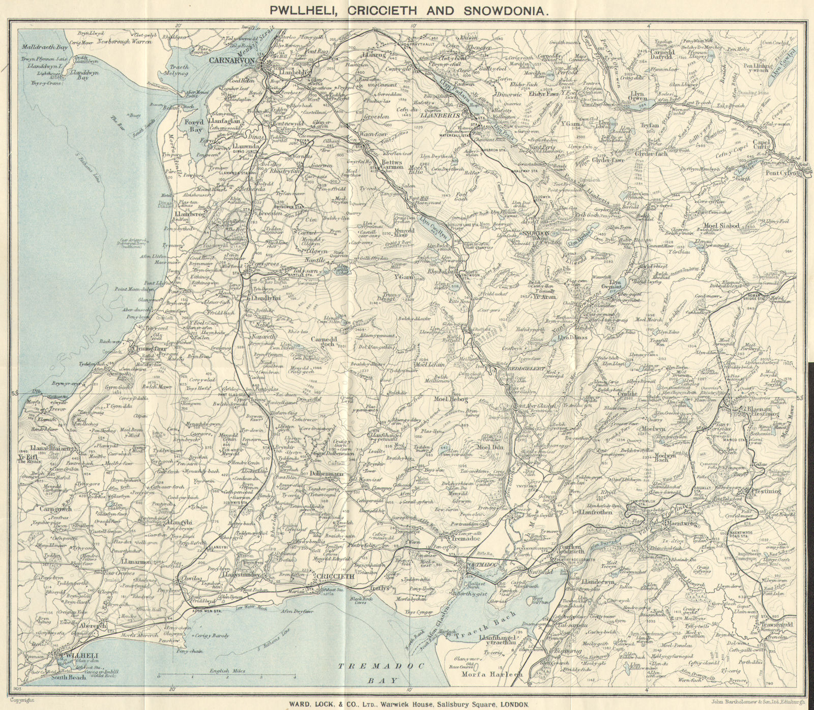 SNOWDONIA NORTH. Pwllheli Criccieth Carnarvon Llanberis. WARD LOCK c1928 map