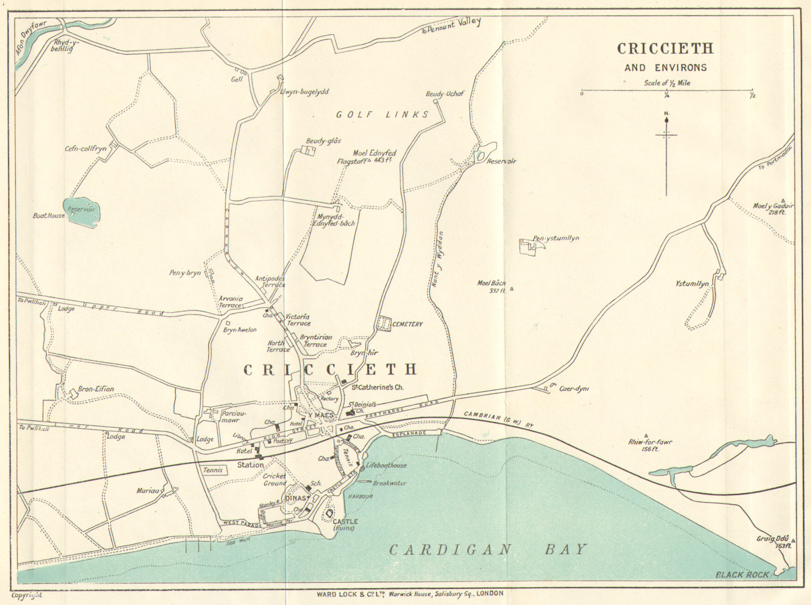 CRICCIETH AND ENVIRONS vintage town/city plan. Wales. WARD LOCK c1928 old map