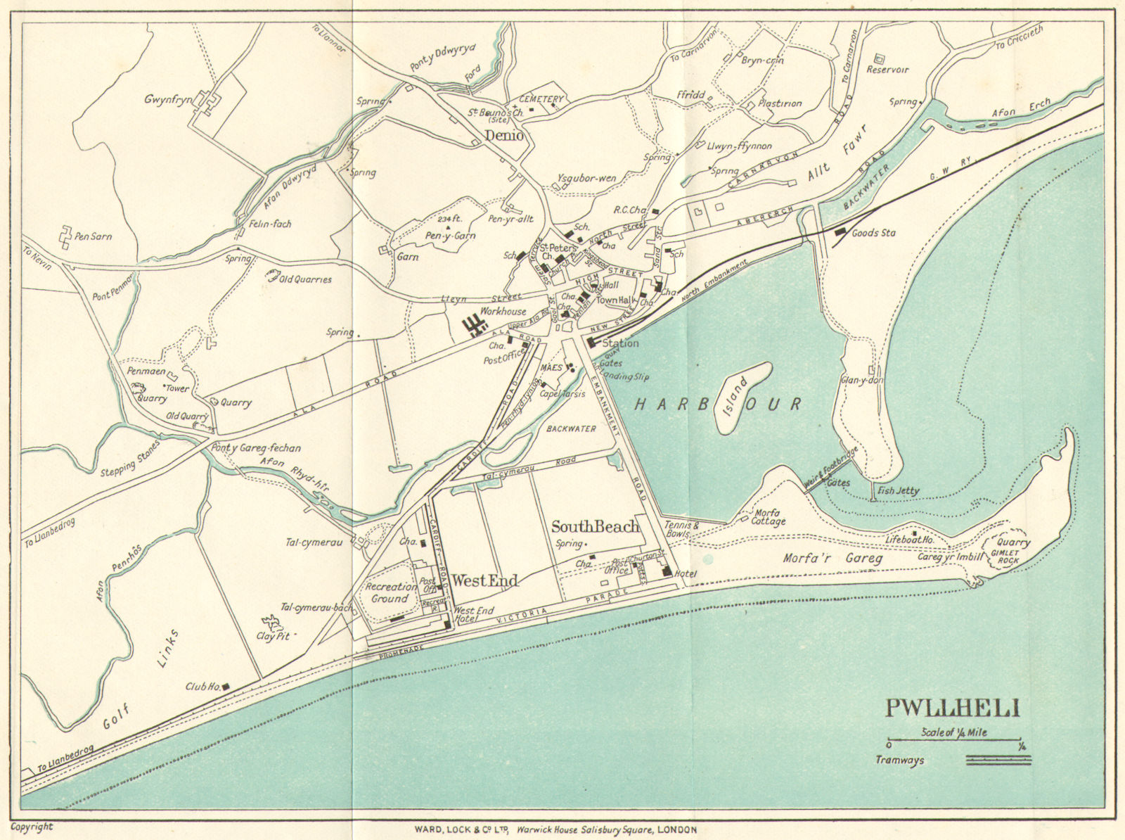 PWLLHELI vintage town/city plan. Wales. WARD LOCK c1928 old vintage map chart