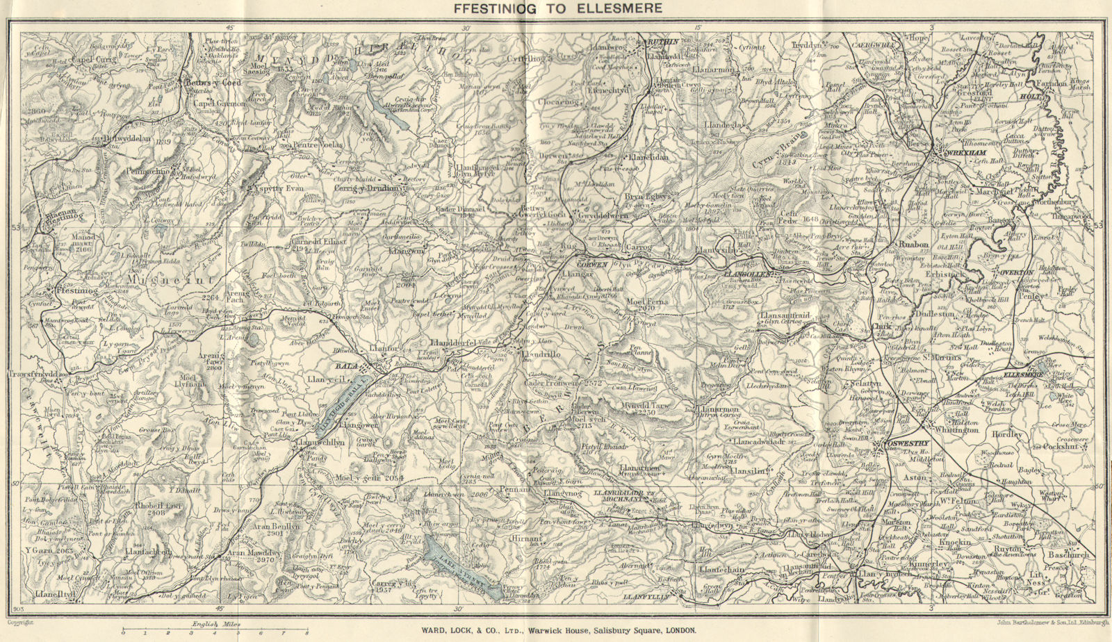NORTH CENTRAL WALES. Ellesmere Bala Llangollen Wrexham Oswestry c1928 old map