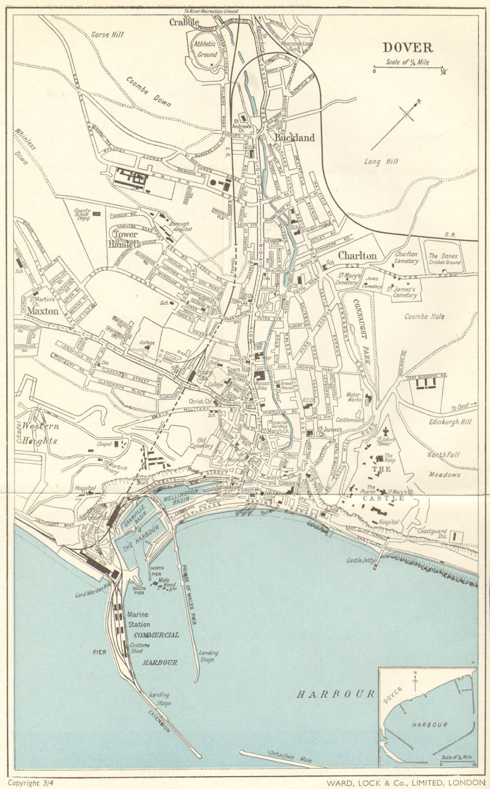 DOVER vintage town/city plan. WARD LOCK c1960 old vintage map chart