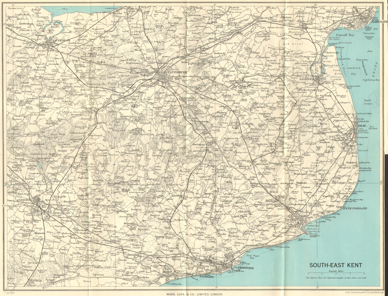 SOUTH EAST KENT Canterbury Deal Dover Folkestone Ashford Faversham c1960 map