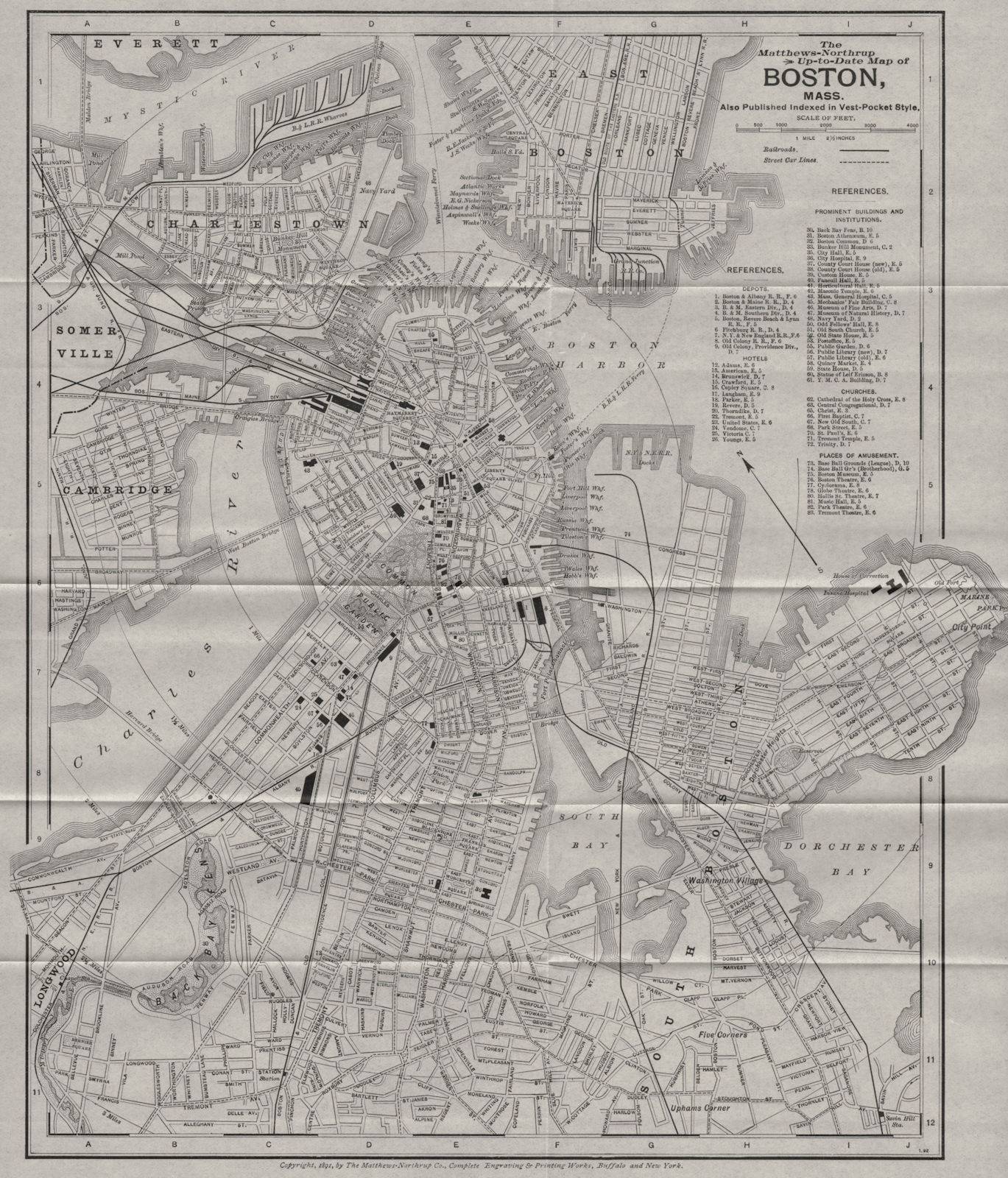BOSTON, MASSACHUSETTS. Matthews-Northrup antique city map plan 1893 old