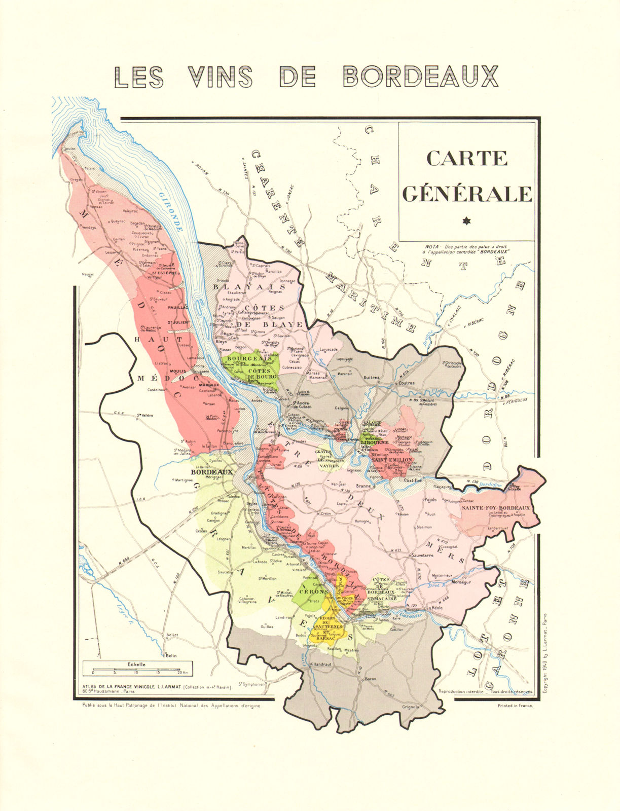 BORDEAUX WINE. Les Vins de Bordeaux - Carte Générale. Larmat 1949 old map