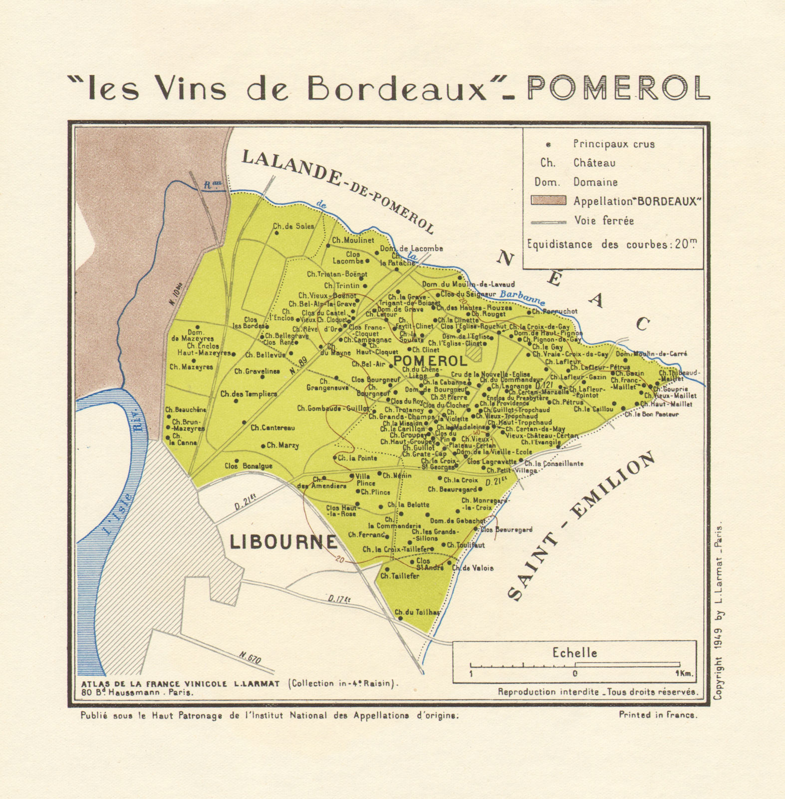 BORDEAUX WINE. Les Vins de Bordeaux - Pomerol. Larmat 1949 old vintage map
