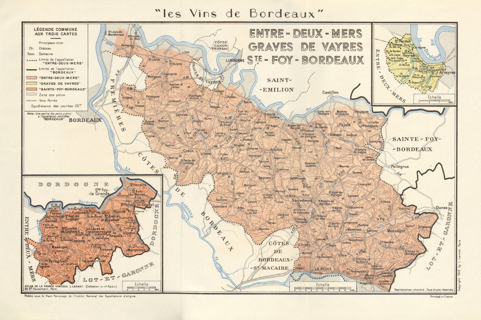 Associate Product VINS WINE. Entres-Deux-Mers Graves de Vayres Ste-Foy-Bordeaux. Larmat 1949 map