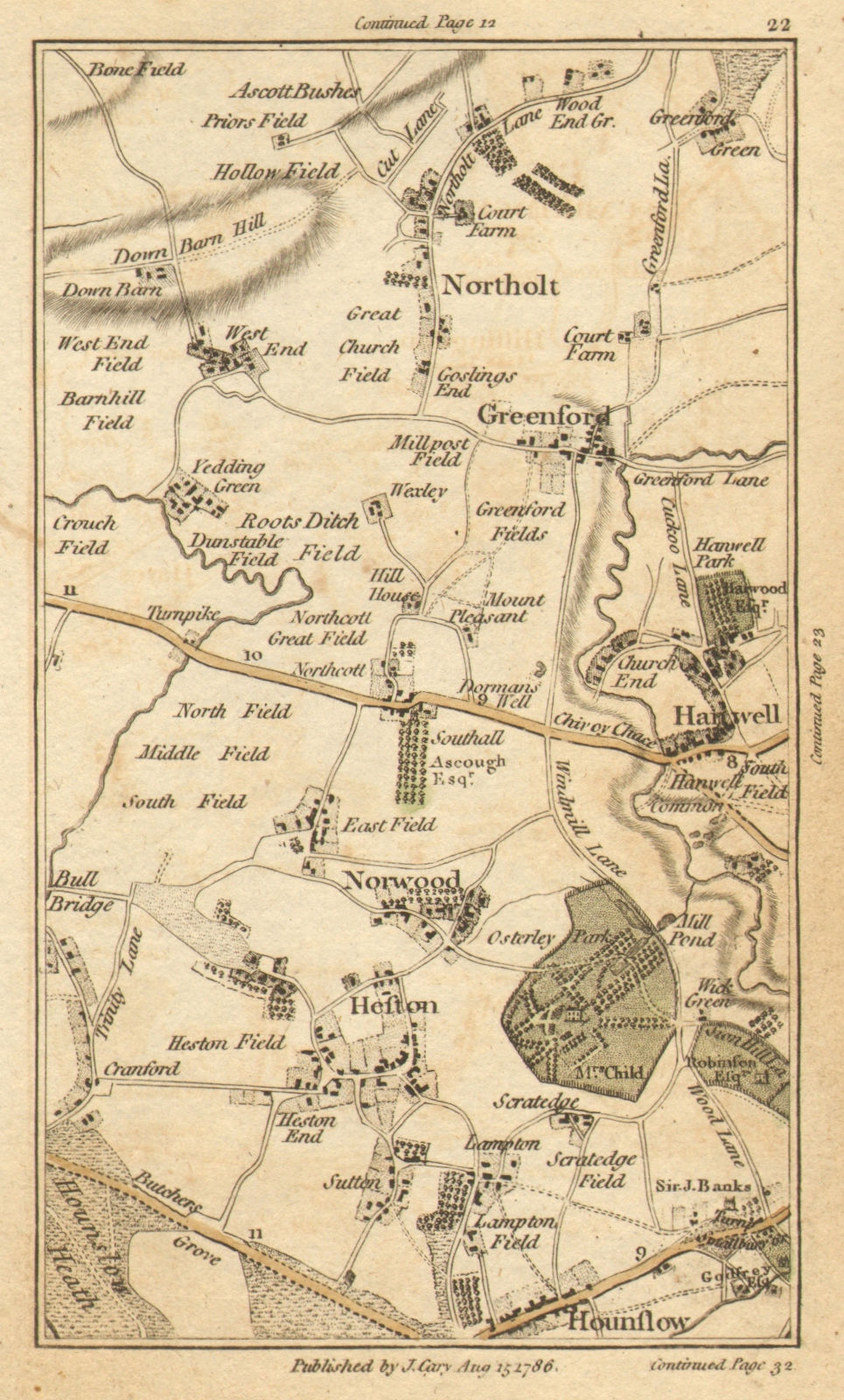 Associate Product GREENFORD. Hounslow, Northolt, Hanwell, Southall, Heston, Osterley 1786 map
