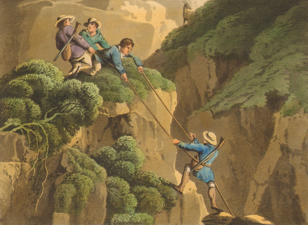 Associate Product ALPS. Chamois shooters hunters ascending the rocks with ropes (Orme)  1814