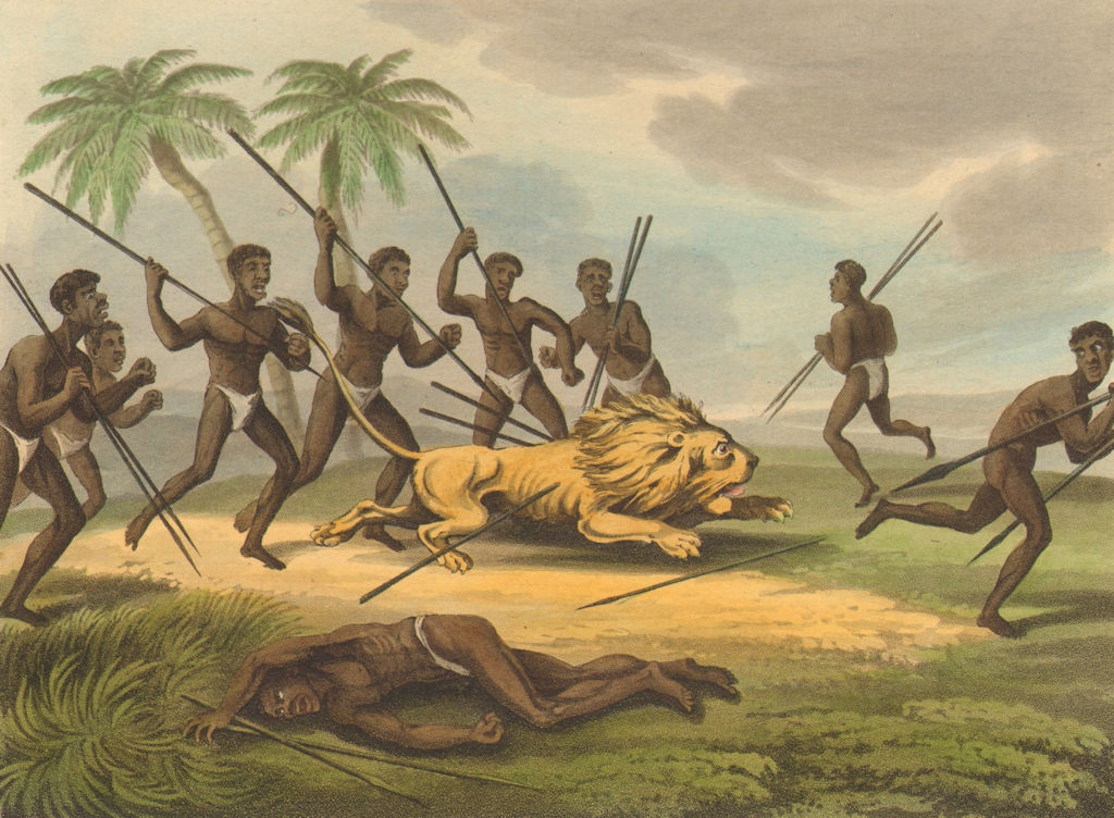 Associate Product EAST AFRICA. Caffres Negroes Xhosa hunting Lion sagayes spear (Orme)  1814