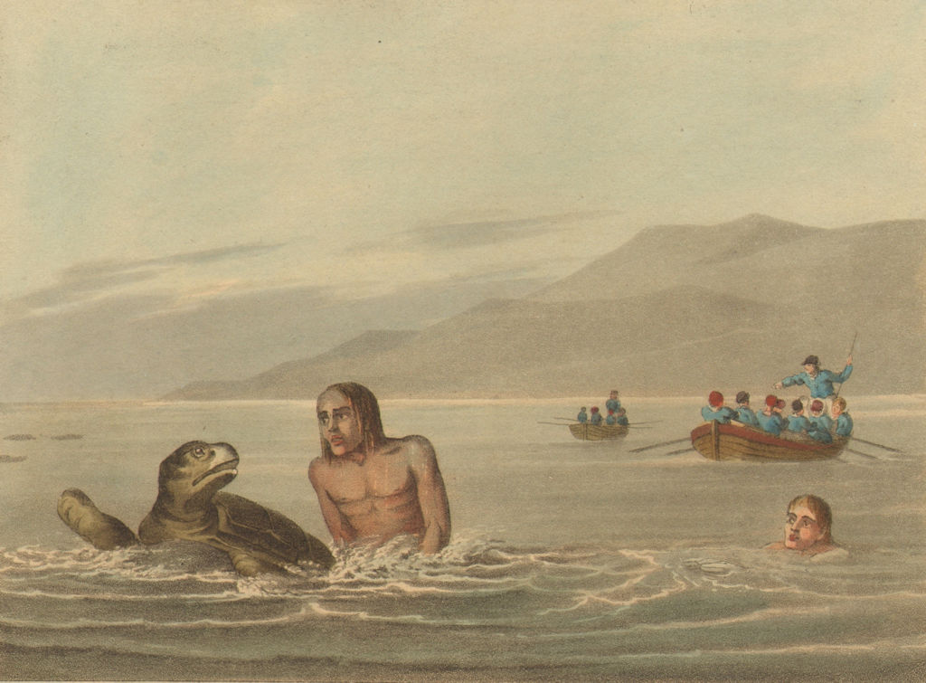 Associate Product PACIFIC. Turtle- fishing Water. boat.  (Field Sports- Edward Orme)  1814 print