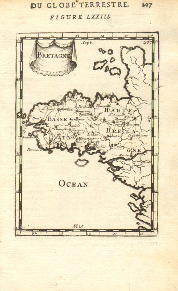 BRETAGNE. map of Brittany showing major towns. MALLET 1683 old antique