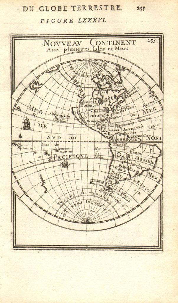 WESTERN HEMISPHERE. shows California as an Island. MALLET 1683 old antique map