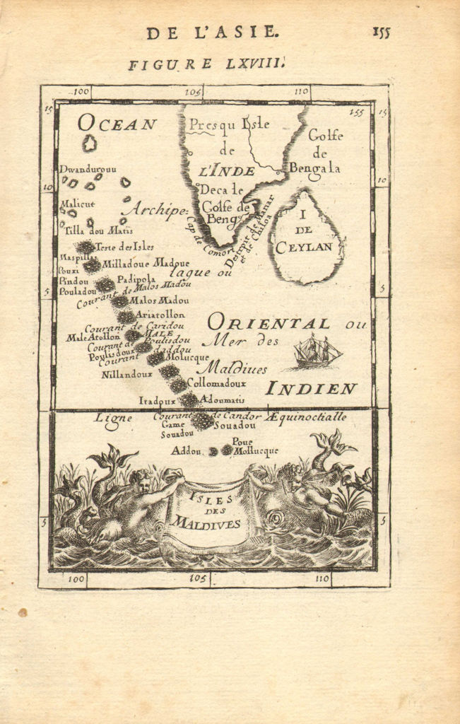 MALDIVES. Male. Atolls. Ceylon (Sri Lanka). Kanyakumari. MALLET 1683 old map