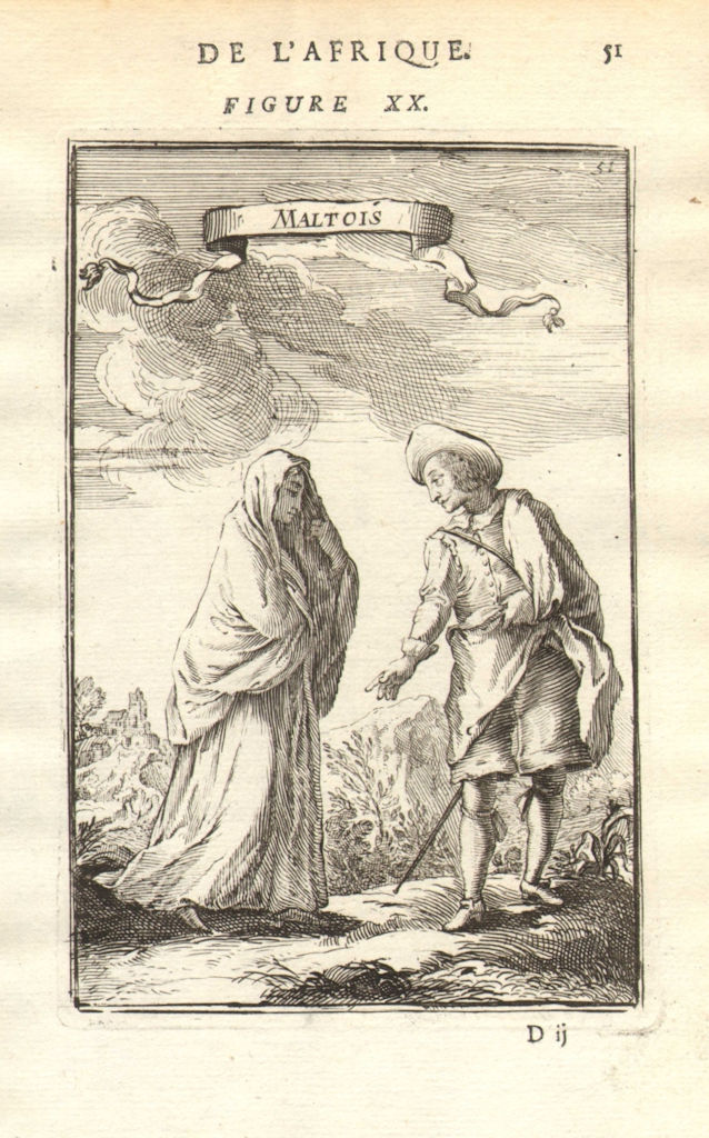 MALTA COSTUME. Maltese man & woman in 17C dress. 'Maltois'. MALLET 1683 print
