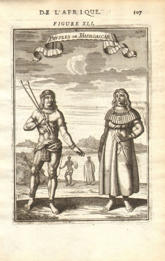 MADAGASCAR COSTUME. Malagasy warrior & woman. 17C dress. MALLET 1683 old print