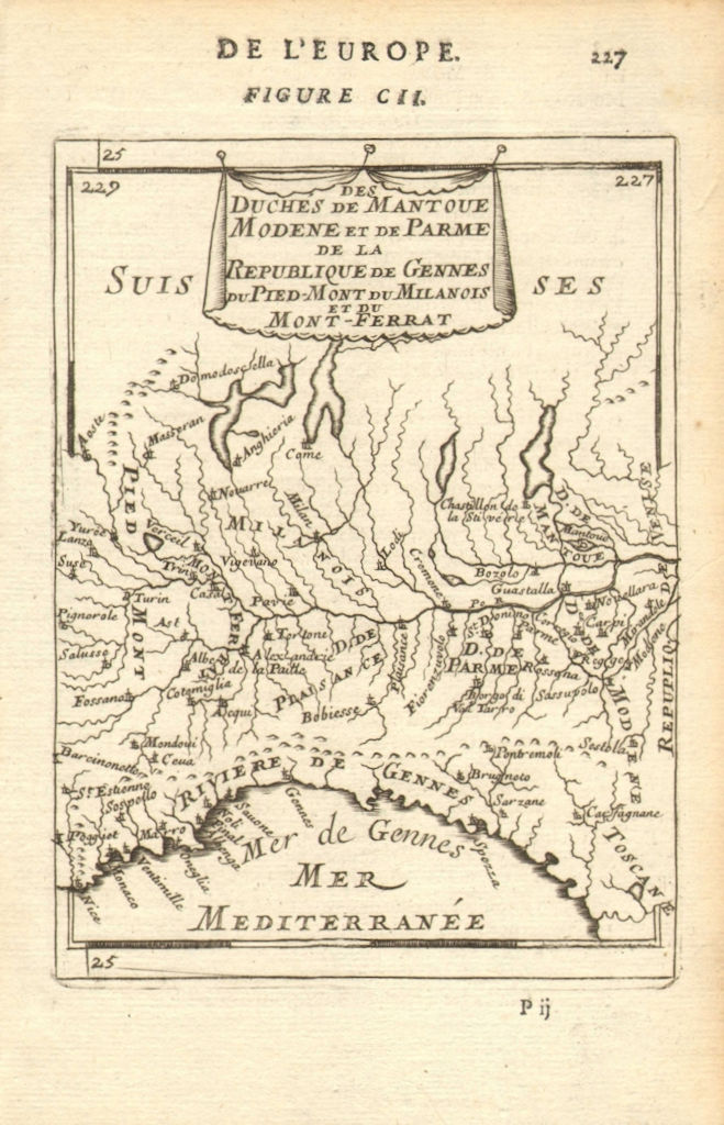 Associate Product NW ITALY. Po valley Liguria Lombardy Piedmont Parma Genoa Milan. MALLET 1683 map