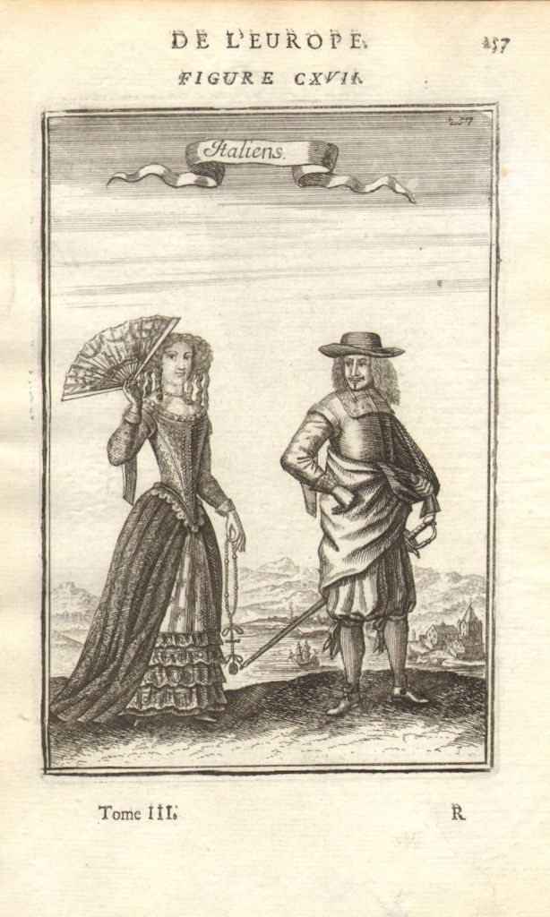 Associate Product ITALY COSTUME. Italian man & woman in 17C dress. Fan. Sword. MALLET 1683 print