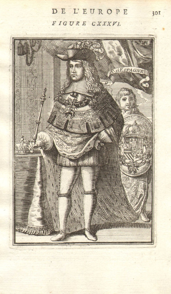 KING CARLOS II SPAIN. In full regalia with sceptre & coat of arms. MALLET 1683