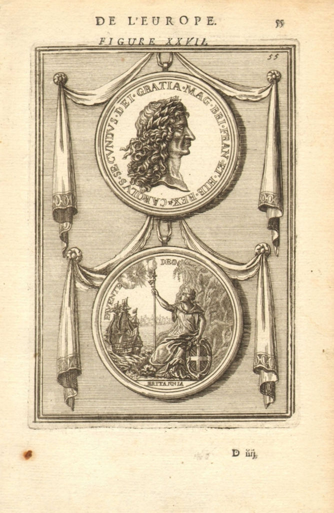 KING CHARLES II OF ENGLAND. Carolus Secundus. Britannia. MALLET 1683 old print