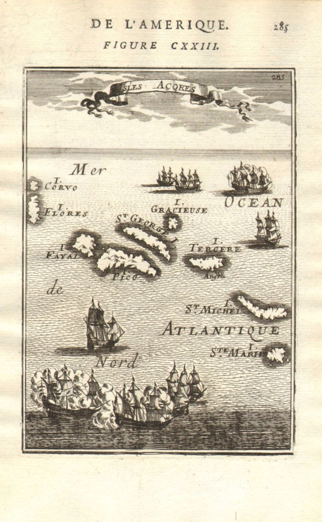 AÇORES (AZORES). São Miguel Terceira Faial Pico São Jorge. MALLET 1683 old map
